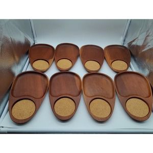 Vtg Mid Century Set 8 Serv Teak Wood Snack Trays Cork Coasters Nice color!!